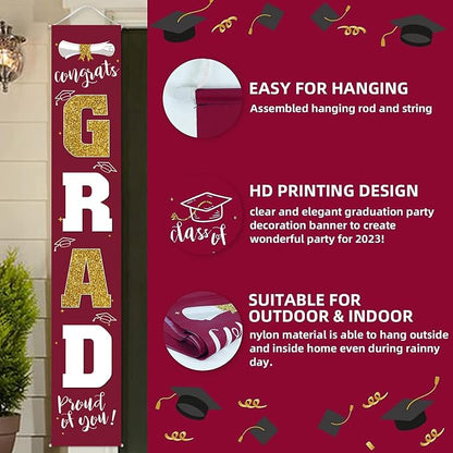 Graduation Decorations 2026 Banner Porch Sign Maroon Burgundy Red Gold - Image 3