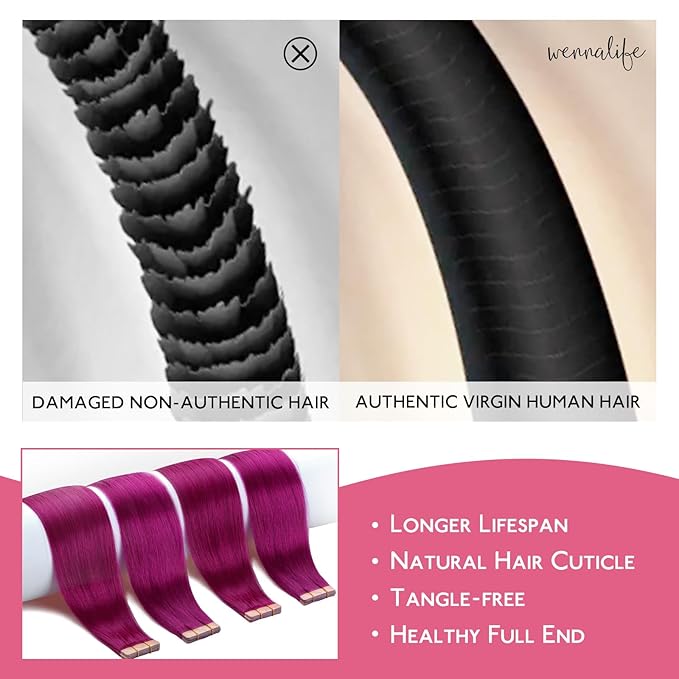 WENNALIFE Tape in Hair Extensions Human Hair Violet Tape in Extensions, 10pcs 30g 26 inch Remy Invisible Tape Ins Straight Colored Soft Real Human Hair Tape in Extensions Refill Set Extensions