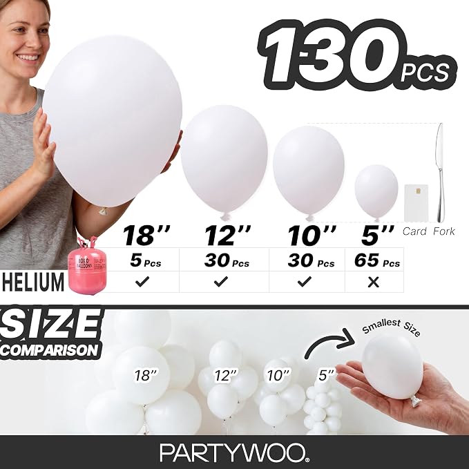 PartyWoo White Balloons 130pcs Matte White Latex Balloons Different Sizes | 18 - Image 6