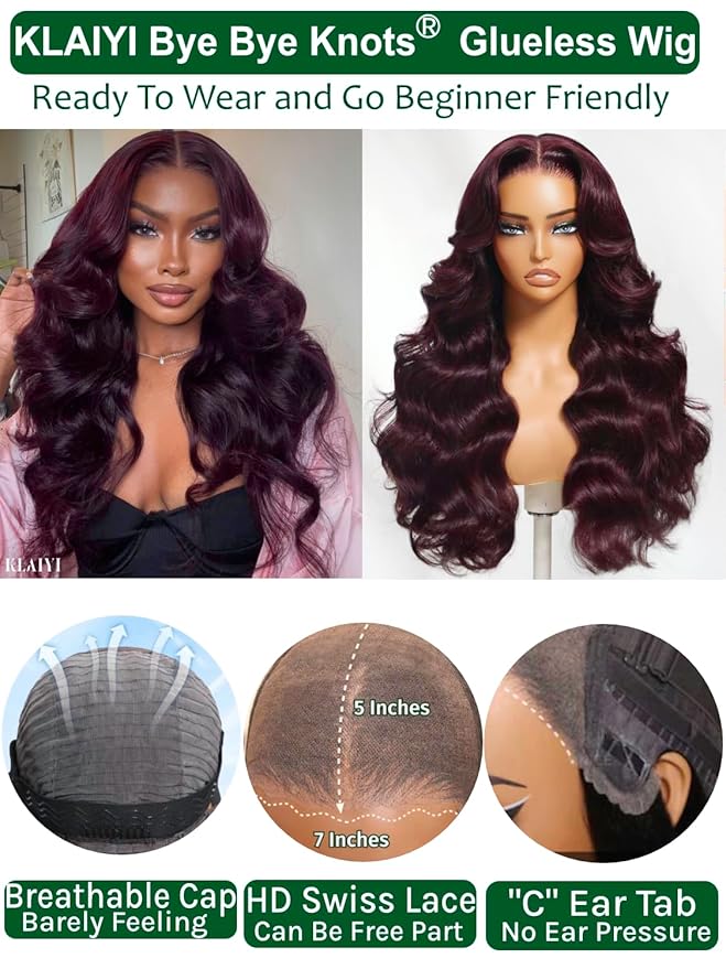 KLAIYI Black Cherry Loose Body Wave Bye Bye Knots Glueless Wig 7x5Precut Lace Front Wigs Human Hair Drawstring Pre Plucked Bleached 30S Ready to Wear and Go Wig with Face Framing Bangs Burgundy 24Inch