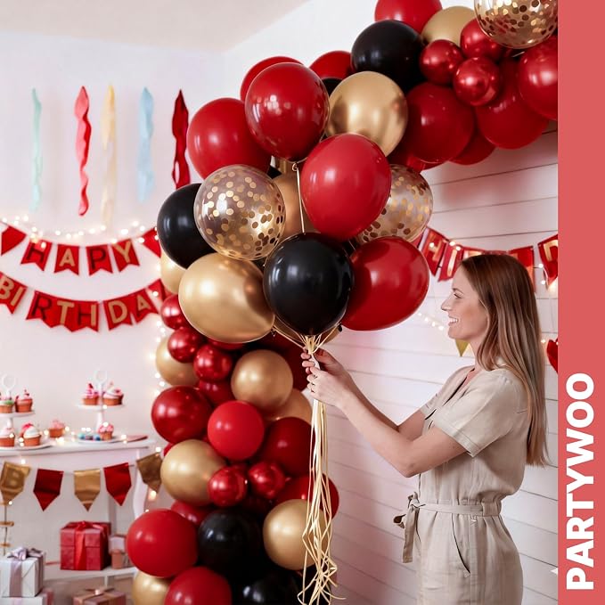 PartyWoo Red Black and Gold Balloon Arch Kit 142pcs Black Red Gold Balloons | - Image 8