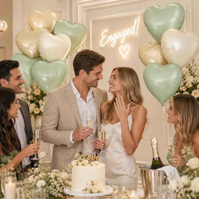 Sage Green Gold Heart Balloons, 18Inch Cream White Helium Balloon - Image 5