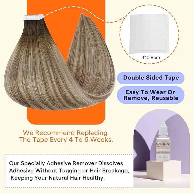 Full Shine Tape Hair Extensions Real Human Hair Balayage Color 3 Dark Brown Fading to 8 Ash Brown Highlight 22 Blonde Tape in Hair Extensions Real Human Hair Tape Ins 14 Inch 50G 20pcs for Wedding
