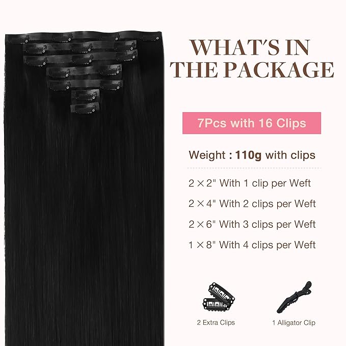 GOO GOO Clip in Hair Extensions Real Human Hair, Remy Human Hair Extensions Clip ins for Women, Natural Human Hair, 12inch 85g 7Pcs, #1 Jet Black