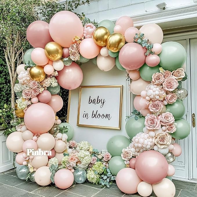 Dusty Green Pink Balloon Arch Double Stuffed Pastel Baby Pink Light Green White - Image 9