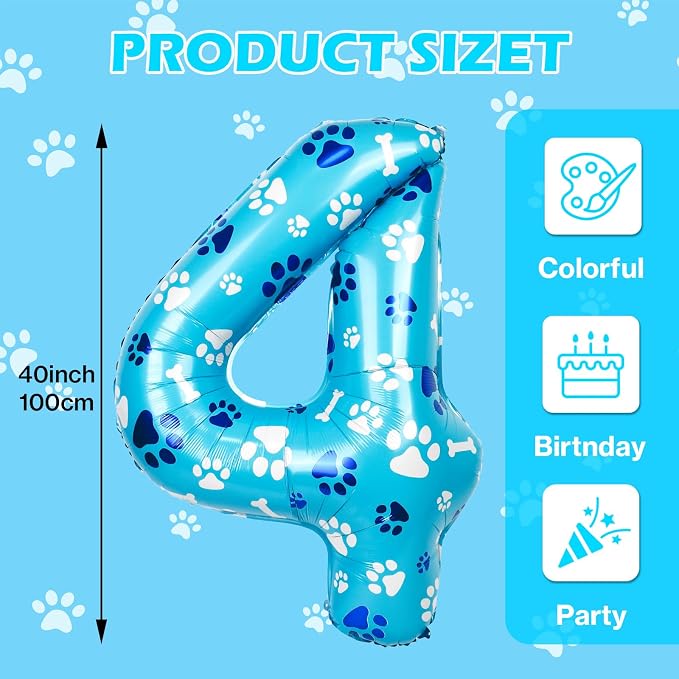 40 Inch Blue Dog Paw Birthday Balloons, Number 4 Balloons - Image 2