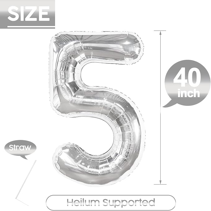 5 Balloon - Silver Birthday Number Balloons, 40 Inch Decorations Men Women | - Image 5