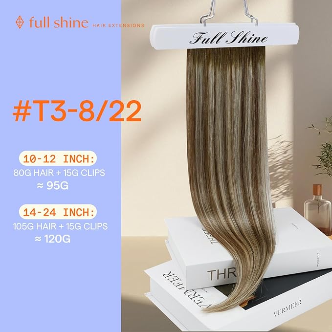 Full Shine Human Hair Clip in Extensions Brown Balayage Remy Hair Extensions Balayage Brown to Blonde Ombre Clip in Hair Extensions 16 Inch 7 Pcs 120 G