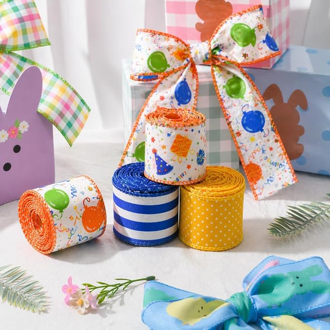 Birthday Wired Ribbon Set, 4 Rolls Decorative Party Ribbon - Image 2