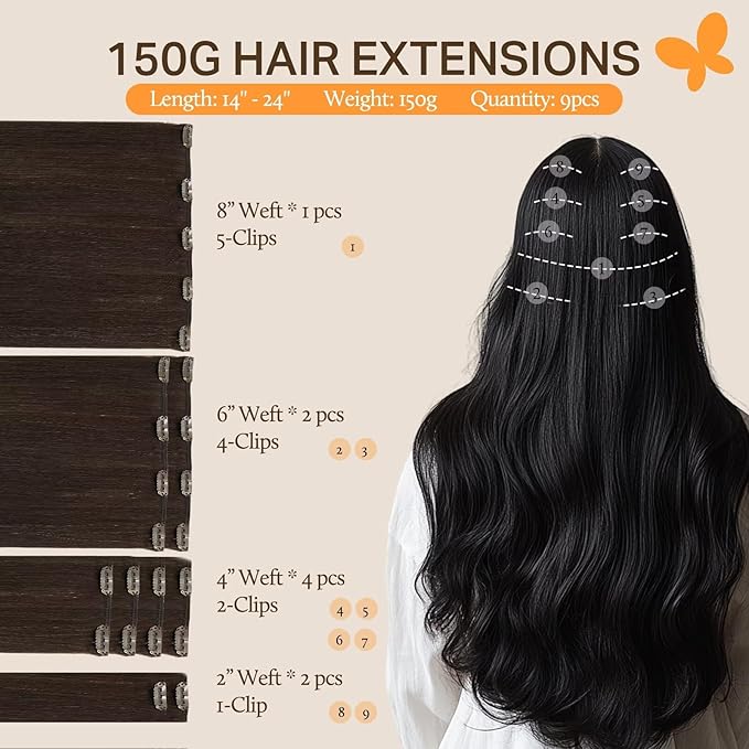 DOORES Clip in Human Hair Extensions, Light Dark Brown 20 Inch 150g 9pcs, Remy Hair, Straight Thick