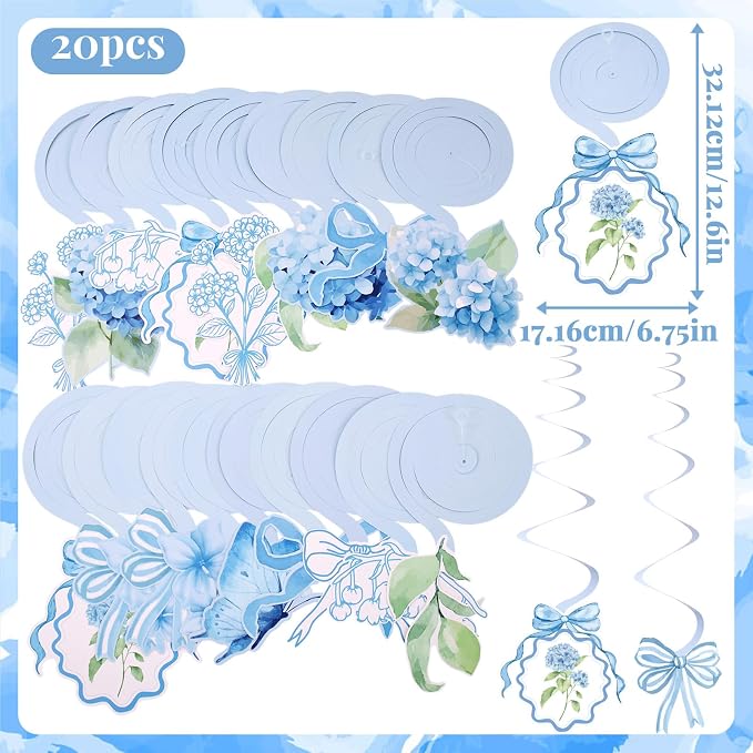 Blue Party Decorations, with 3 Pre-strung Flower Banners and 20 Hanging Swirls - Image 4
