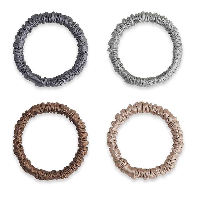 22 Momme 100% Mulberry Silk Hair Ties, Well-Hold Elastic for No-Damage (4Pack, Charcoal, Coffee, Brown, Grey), 6A, Scrunchies, Reduces Frizz & Breakage, OEKO-TEX Certified