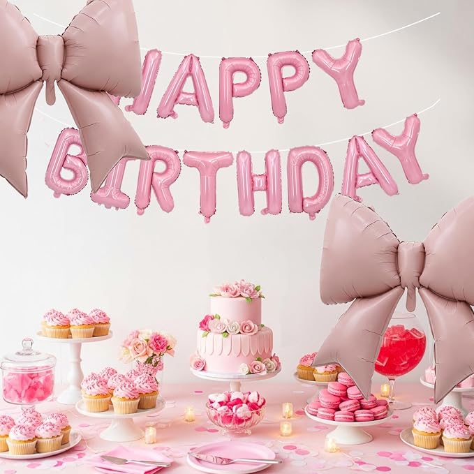 Vuzvuv Pink Happy Birthday Balloons, 38 Inches Huge Bow Aluminum Foil Balloons - Image 4