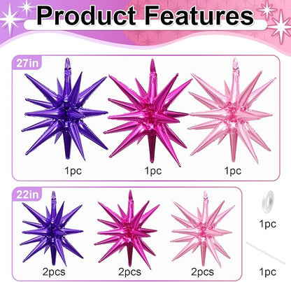 9Pcs Purple Pink Star Balloons, Large Explosion Foil Balloons, Metallic Mylar - Image 3