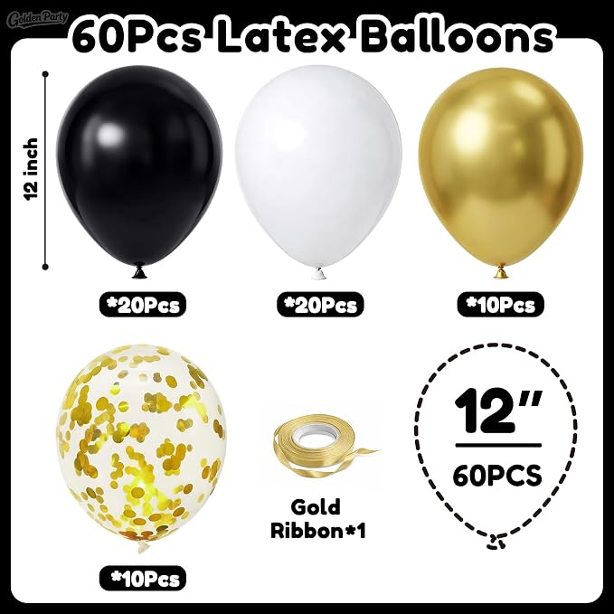 White Black Gold Balloons, Graduation, Anniversary, Baby Shower, Wedding Party - Image 2
