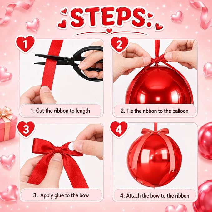Red Round Foil Balloons with Satin Bows and Ribbon - Image 3