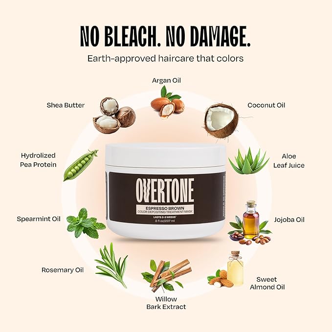 Overtone Semi Permanent Hair Color Conditioner, Espresso Brown, 8 oz, Nourishing, Damage-Free, Color Depositing Mask for All Hair Types with Shea Butter & Coconut Oil, Vegan & Cruelty-Free