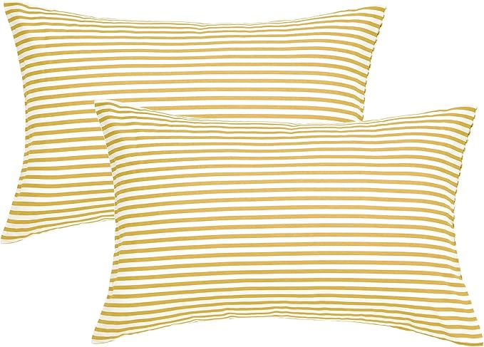 JELLYMONI 100% Natural Cotton Striped Queen Pillowcases Set, 2 Pack White and Yellow Stripes Pattern Printed Pillow Covers with Envelope Closure(Pillows are not Included)