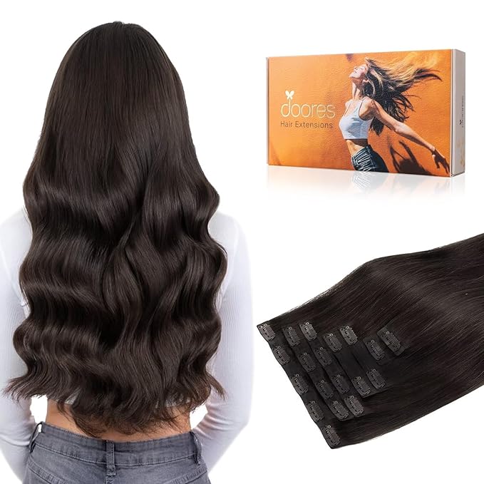 DOORES Seamless Clip-in Human Hair Extensions, Dark Brown 20 Inch 7pcs 110g, Invisi Edge Straight Hair Extensions with Skin Weft