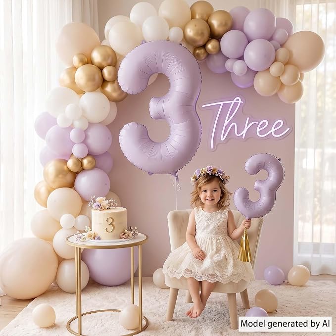 Cream Purple Number 3 Balloon 40 Inch, Foil Numeral - Image 2