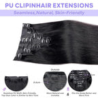 Seamless Clip in Hair Extensions Real Human Hair Straight Remy Human Hair Clip in Extensions for Women, Natural Soft Silk Human Hair PU Thin Weft 8Pcs 120g 16inch #1B Natural Black