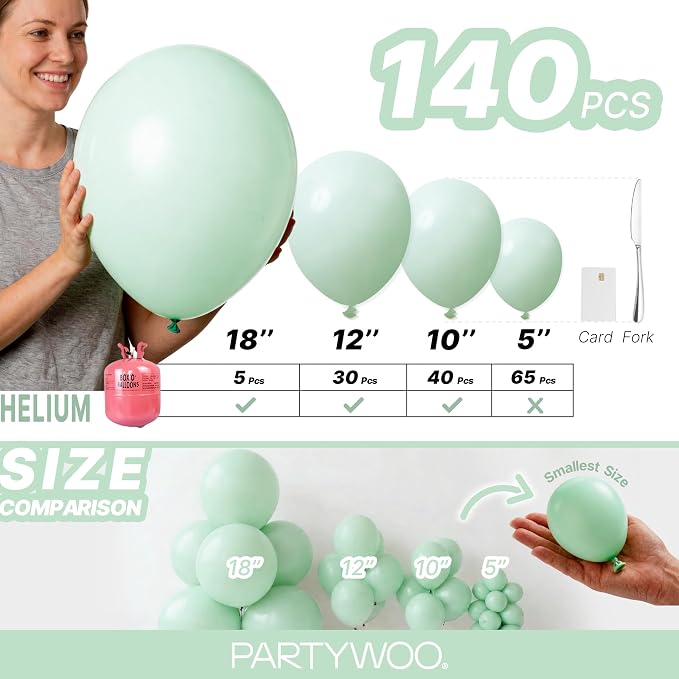 PartyWoo Light Green Balloons 140pcs Mint Pastel Peppermin Green Color | 18 12 - Image 6