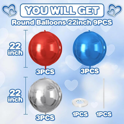 22 Inch Red Blue Silver Round Foil Balloons 9 Pcs, Large 4D Round Balloons - Image 2
