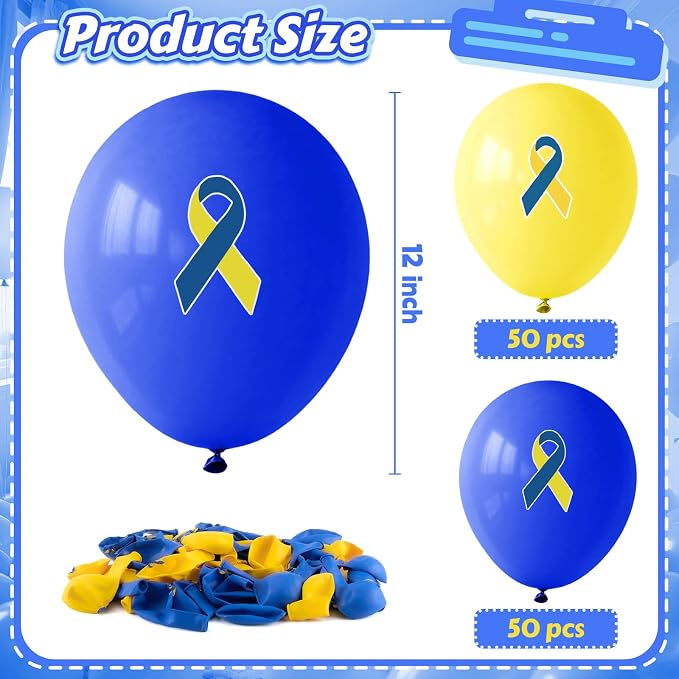 100 Pcs Down Syndrome Awareness Balloons 12 Inch Yellow and Blue Latex Balloons - Image 2