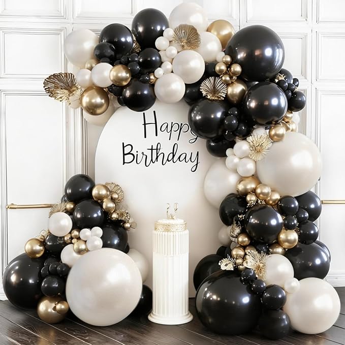 Black Gold White Balloons Arch Kit, Double Stuffed, Party. | Black, chrome gold by Bloces
