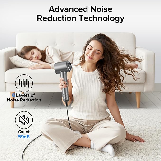 Hair Dryer, 150000 RPM Brushless Motor with 500M Negative Ions, Fast-Dry Lightweight Design, ThermoControl & Magnetic Nozzle/Diffuser, Low Noise Salon Blow Dryer for All Hair, Travel, Home