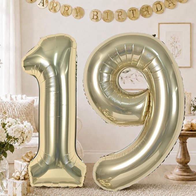 40 Inch Champagne Gold Number 19 Balloon, Light Gold Large Self Inflating Foil by KAINSY