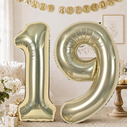 40 Inch Champagne Gold Number 19 Balloon, Light Gold Large Self Inflating Foil by KAINSY