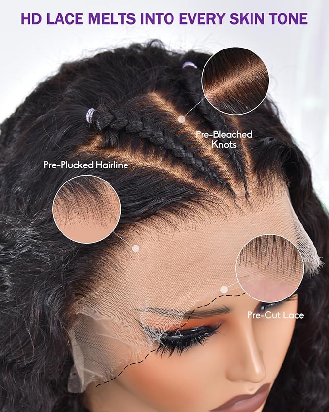 9x6 SKINLIKE Real HD Lace Closure Wig, Water Wave 180% Density 0.10mm Ultra-thin Swiss Lace Pre-plucked Bleached Small Knots With Baby Hair Glueless Wigs Human Hair Wigs 22 Inch