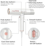 Hair Dryer, High-Speed Brushless Motor Ionic, Foldable and Portable 9Modes One Touch Switch with 1Diffuser, 1Nozzle and 1Concentrator Attachment for Home, Travel, White