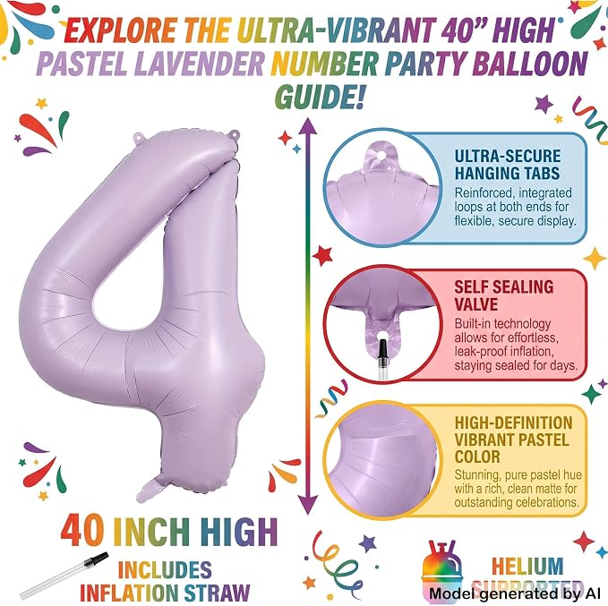 40" Pastel Purple Foil Number 4 Balloon - Image 2