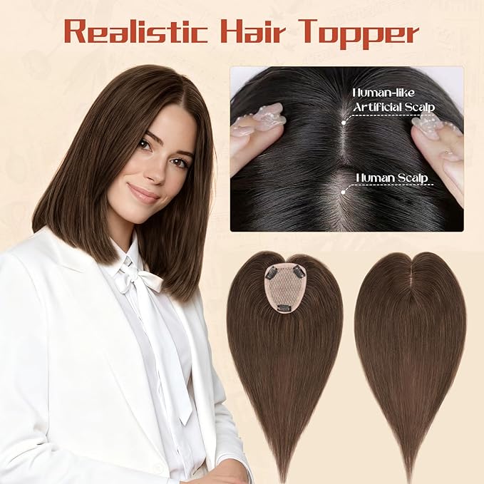 Rich Choices Human Hair Toppers for Women-100% Real Remy Hair Topper No Bang-Upgraded 150% Density 9 * 12CM Lace Base-Clip in Hairs Topper for Thinning Hairs-14Inch #2R Chocolate Brown