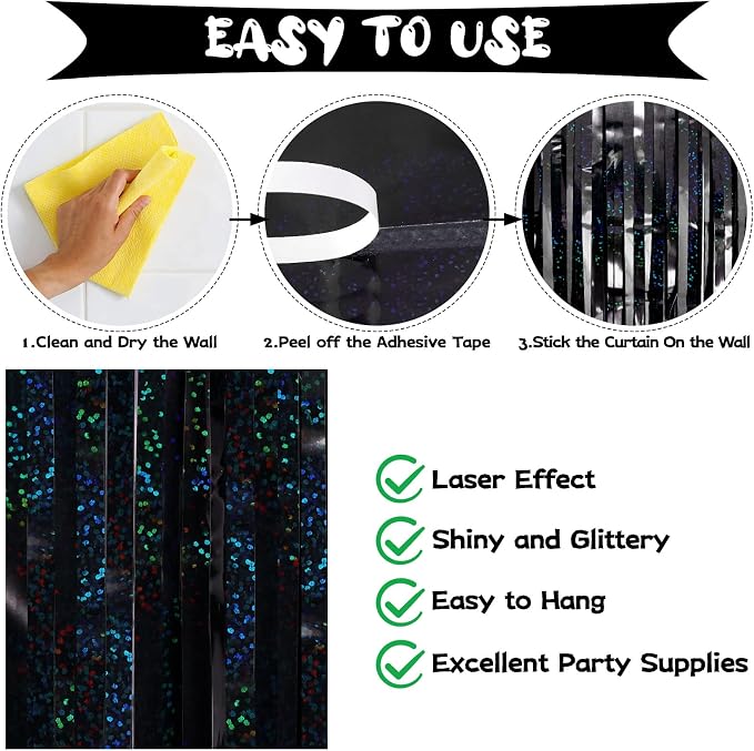 Black Tinsel Foil Fringe Curtain Backdrop, 3.3 x 8.2 ft Metallic Glitter - Image 4