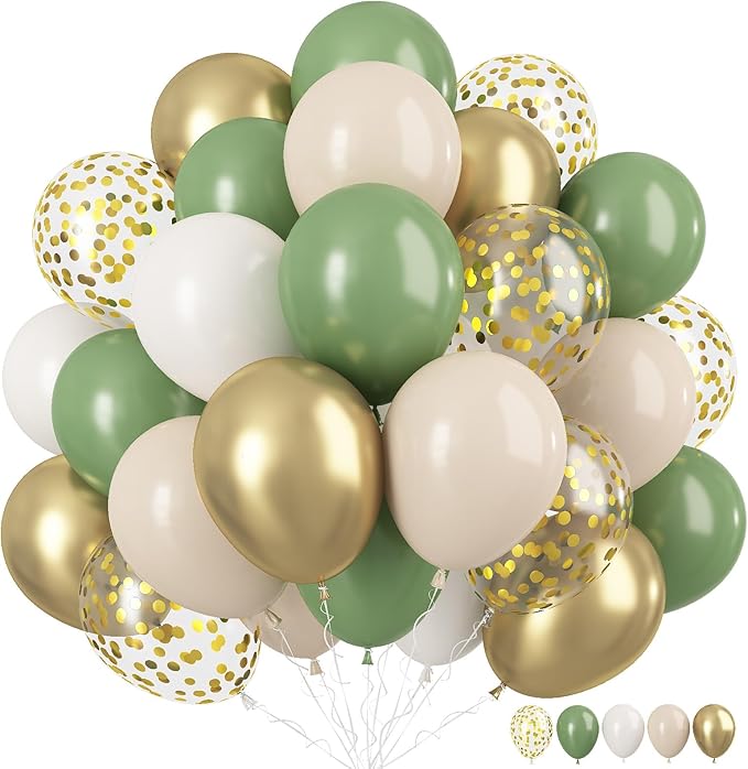 Sage Green Gold Balloons, 12 Inch Green White Metallic Gold Balloons, Olive by TAOYE