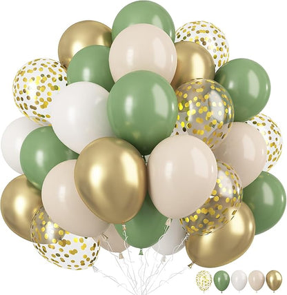 Sage Green Gold Balloons, 12 Inch Green White Metallic Gold Balloons, Olive by TAOYE