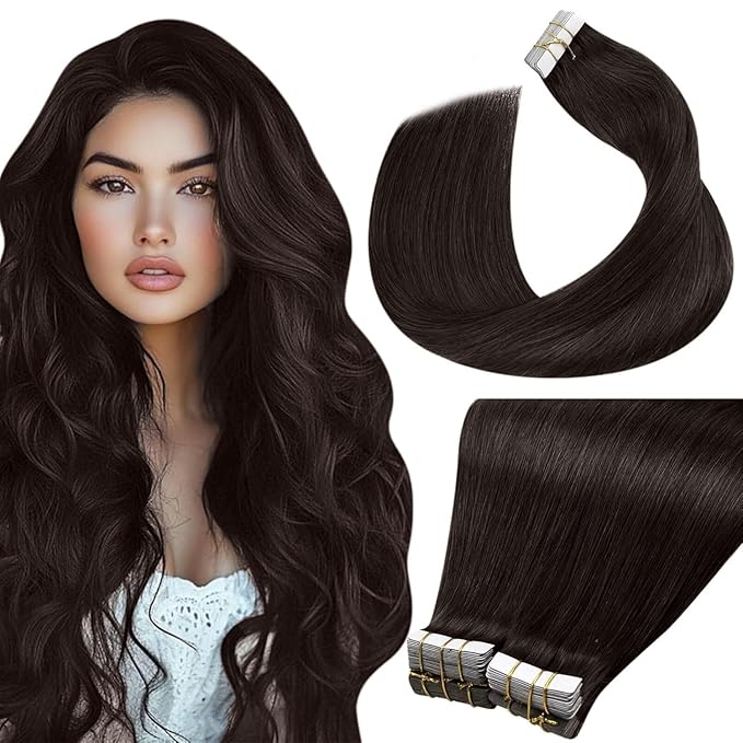 LaaVoo Tape in Hair Extensions Darkest Brown Tape on Extensions Invisible Tape in Hair Extensions Human Hair Soft Straight Hair 14Inch 40pcs 100g