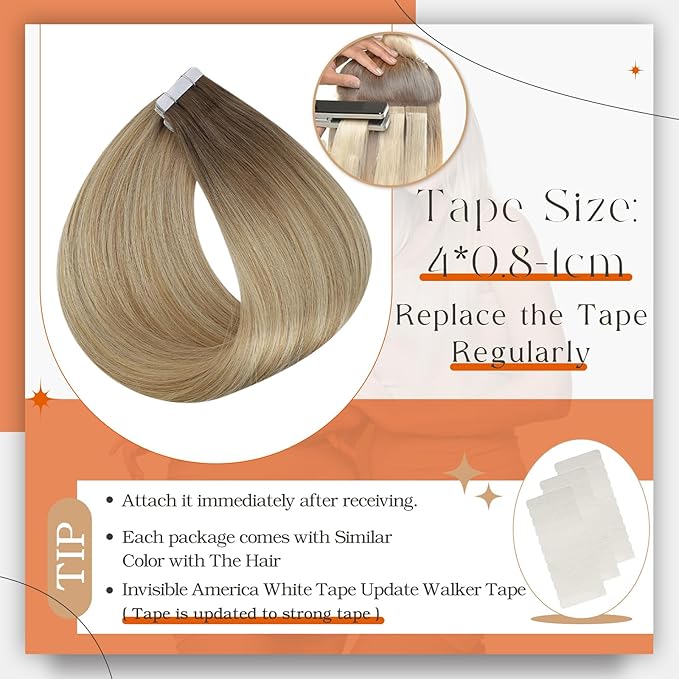 Full Shine Human Hair Tape in Extensions Double Sided Tape in Hair Extensions Color 6/27/60 Brown And Blonde Invisible Remy Skin Weft 22Inch Long Silky Straight for Women 100Gram 40Pcs