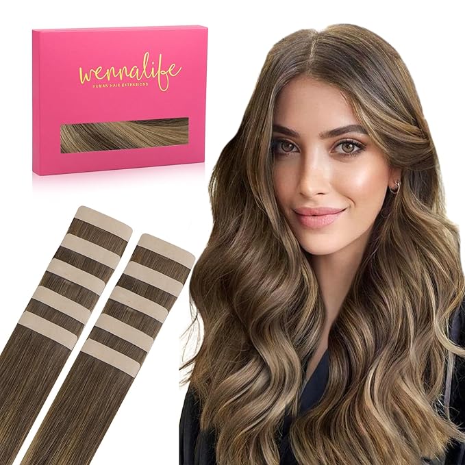 WENNALIFE Tape in Hair Extensions Human Hair Balayage Chocolate Brown to Caramel Blonde Tape in Extensions, 10pcs 30g 20 inch Remy Invisible Tape Ins Straight Soft Real Human Hair Tape in Extensions