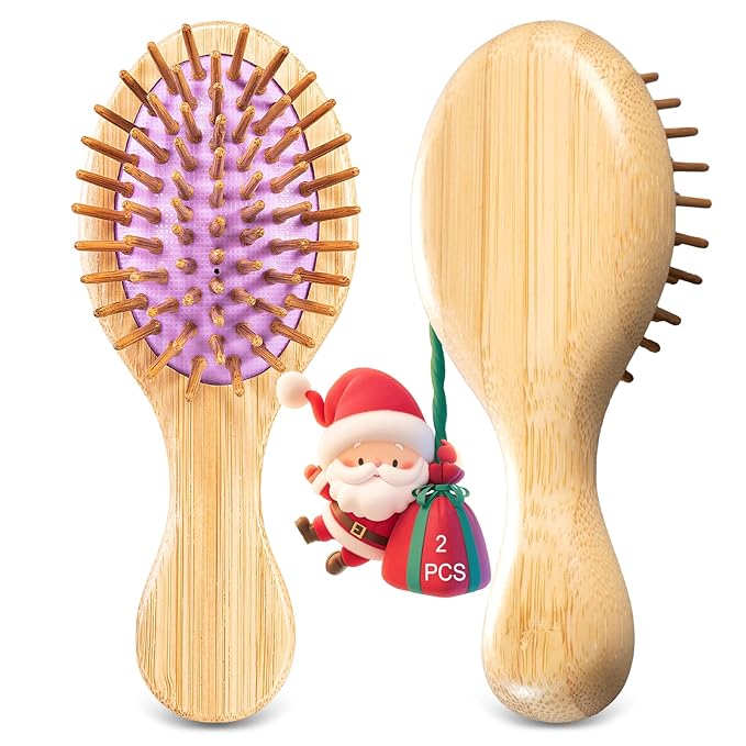 Mini Hair Brush, Travel Bamboo Bristle Detangle Hair Brush for Women - Small Portable Compact HairBrush for Girls Kids, Travel Size Brush for Purse, Car, Vacation, Traveling & Going out