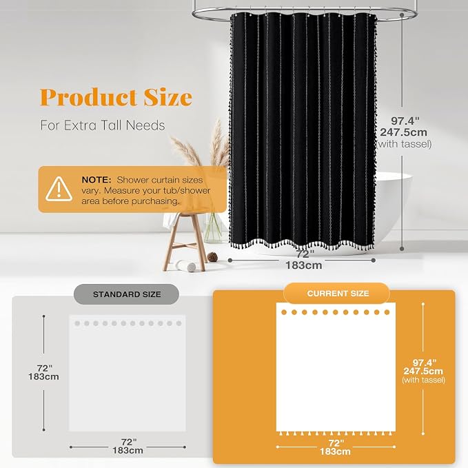 72x96 Extra Long Boho Linen Heavy Duty Shower Curtain Set, 330GSM Linen Blend - Image 3