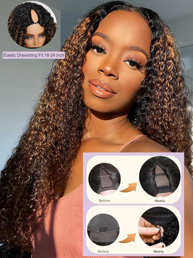 YIROO EasiContour V Part Wigs Ombre Brown Glueless Human Hair Upgrade U Part Wig with Dark Roots Highlight V Shape Clip Wigs Beginner Friendly with Drawstring Ready to Wear Chestnut Brown Color 20Inch