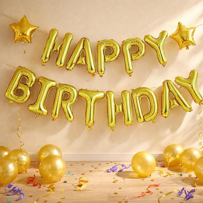 Gold Happy Birthday Balloons Banner, 16 Inch Pink Letters Aluminum Foil Balloon - Image 2