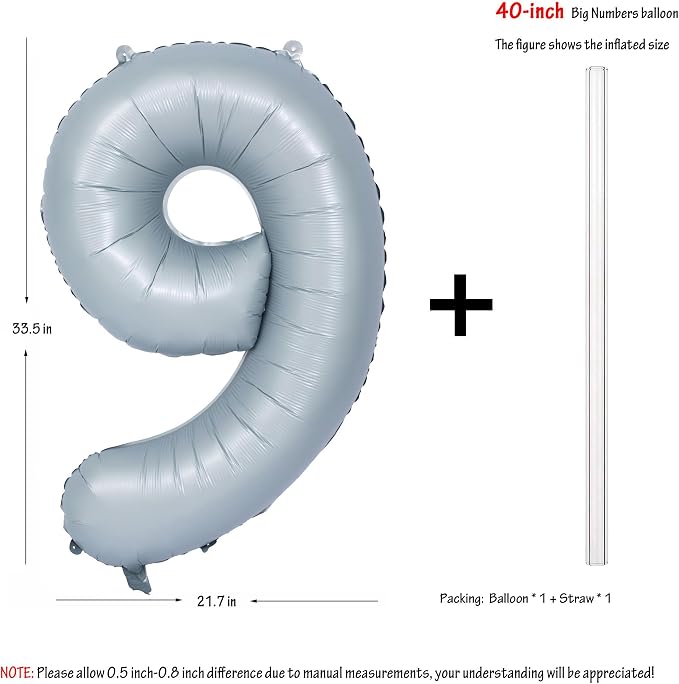 40 In Matte Gray Number 9 Balloons Helium Foil Mylar Balloon Digit 9 | - Image 2