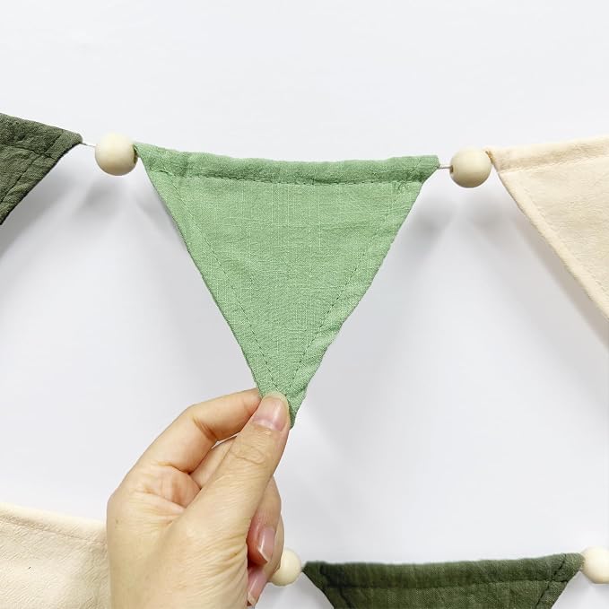 2 Sets of Sage Green Wood Beads Pennant Banner 20Pcs Flags Nursery Garland - Image 7