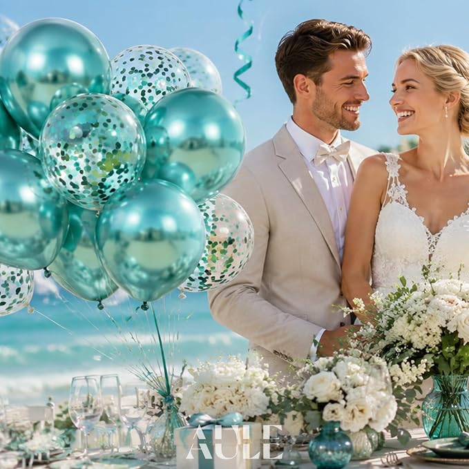 AULE 42Pcs Metallic 12 Inch Green Confetti Balloons Set | Teal Green Party - Image 6