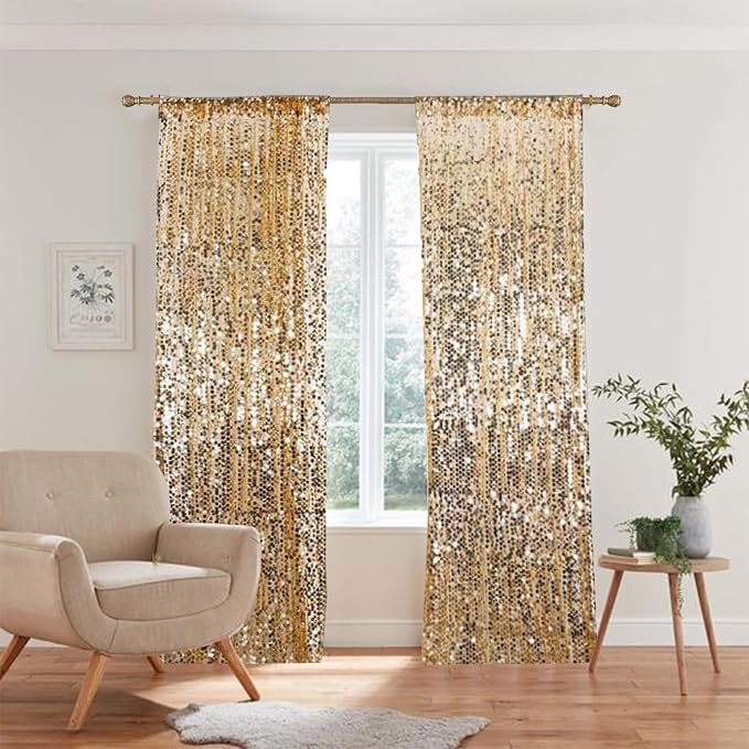 HH 9x8FT Gold Big Sequin Backdrop Curtains, Shimmer Payette Sequin Backdrop by Unknown